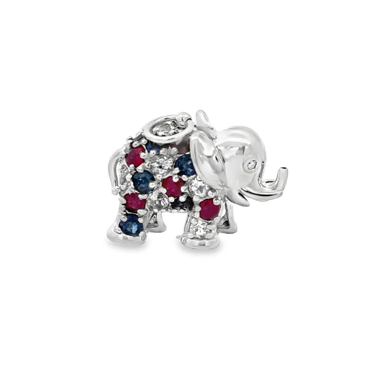14K White Gold Aquamarine, Ruby & Sapphire Elephant Pendant/Charm