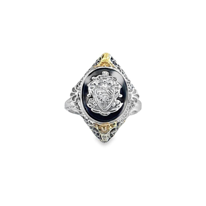 Vintage 14K White Gold & Onyx Ring with Yellow Gold Accents