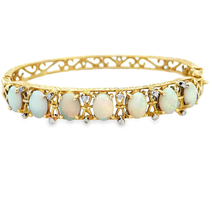 0.12 CTW Diamond & Oval Opal 14K Yellow Gold Ornate Hinged Bangle Bracelet