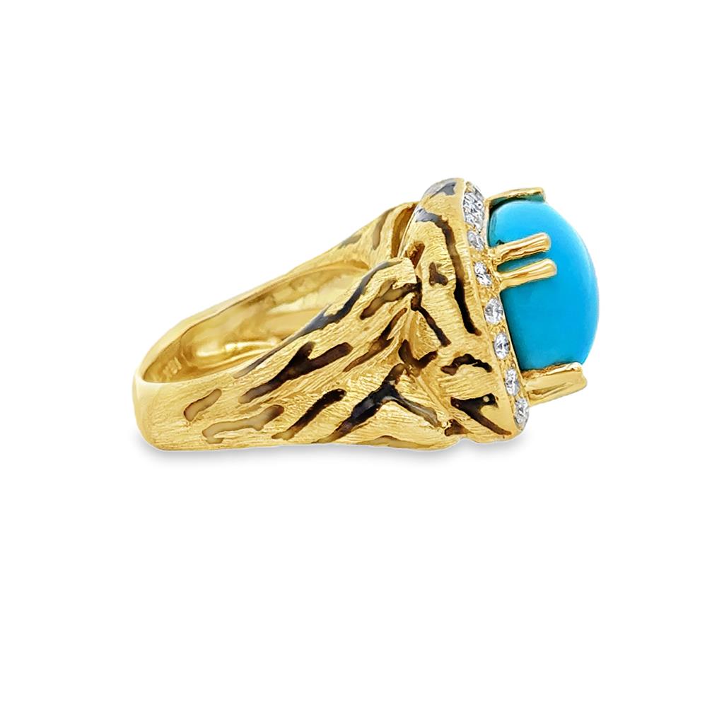 Sal Praschnik 0.54 CTW Diamond & 9.39 CT Turquoise 18K Yellow Gold Black Enamel Cheetah Print Ring