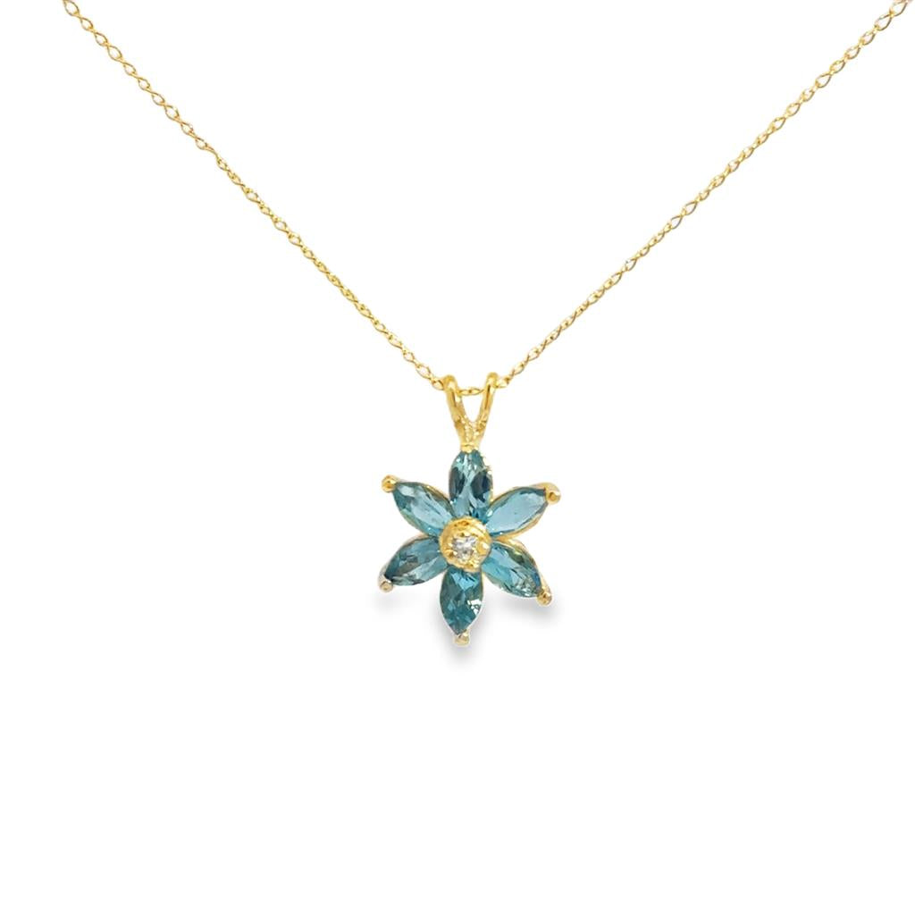 Blue Topaz & Diamond Flower Pendant Necklace – 14K Yellow Gold