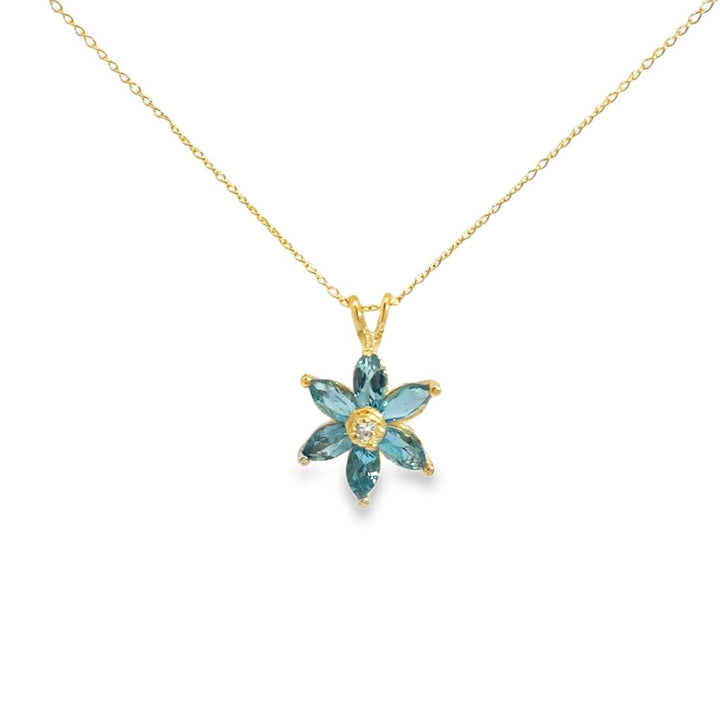 Blue Topaz & Diamond Flower Pendant Necklace – 14K Yellow Gold