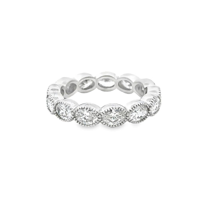 2.46 CTW Oval Diamond Eternity Band Ring in 18K White Gold with Milgrain Detail