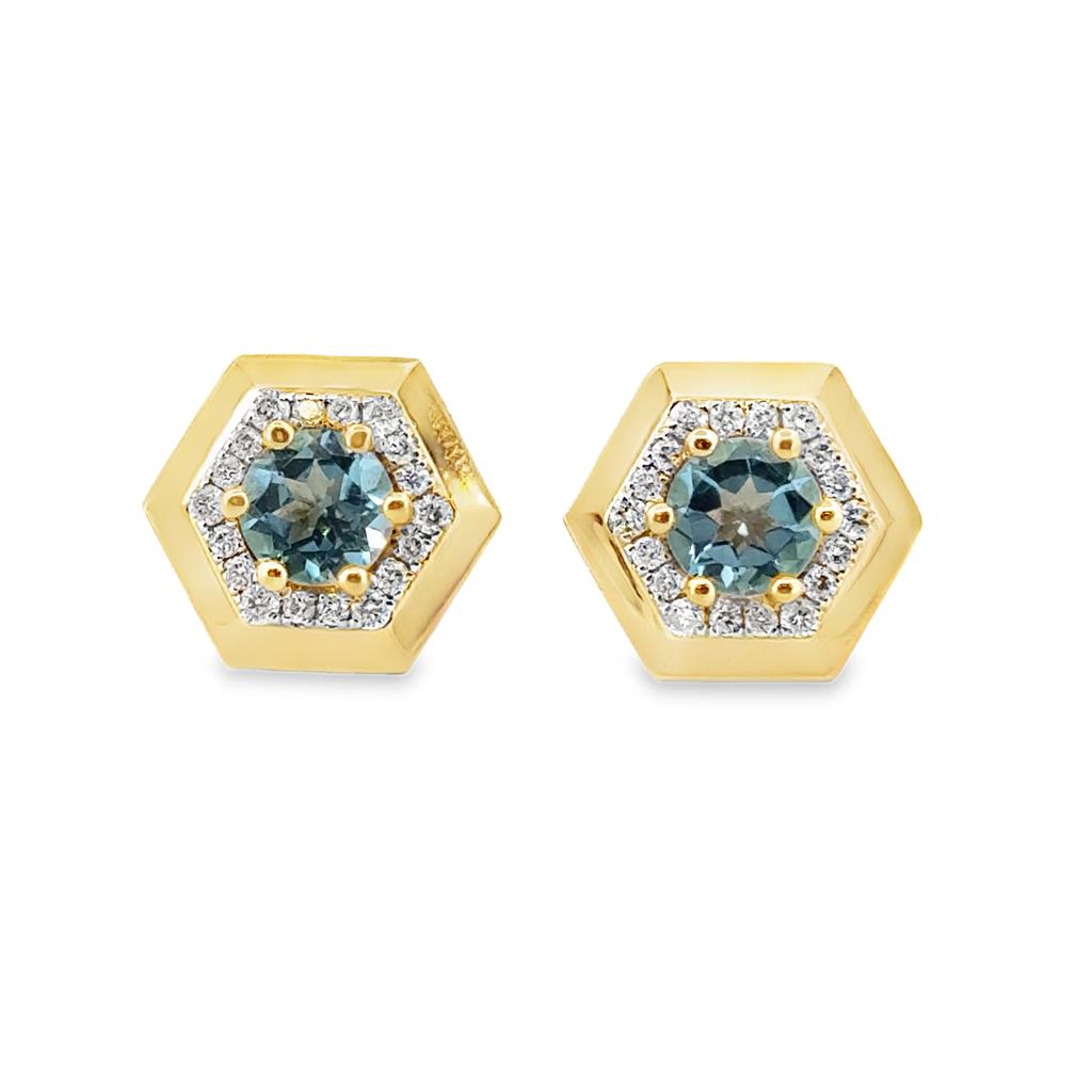 Hexagon Halo 14K Yellow Gold Blue Topaz and Diamond Stud Earrings