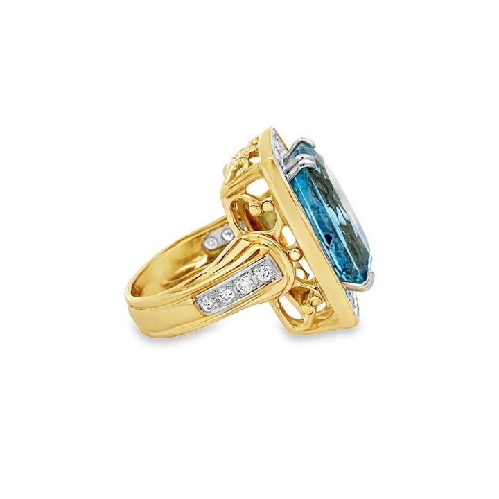 Pre-Owned 0.40 CTW Diamond & Aquamarine 18K Yellow Gold Ornate Ring