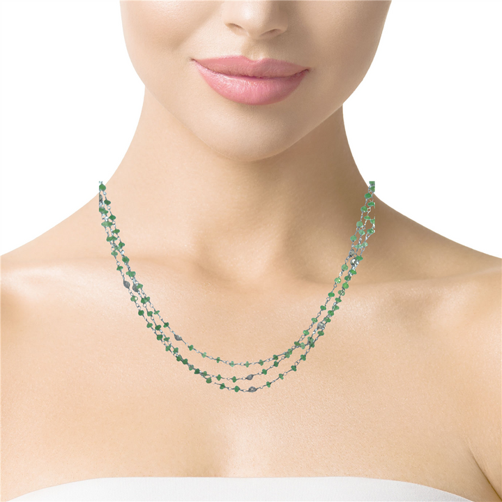Emerald Bead 3-Strand 18K White Gold Necklace with Textured Ball Accents
