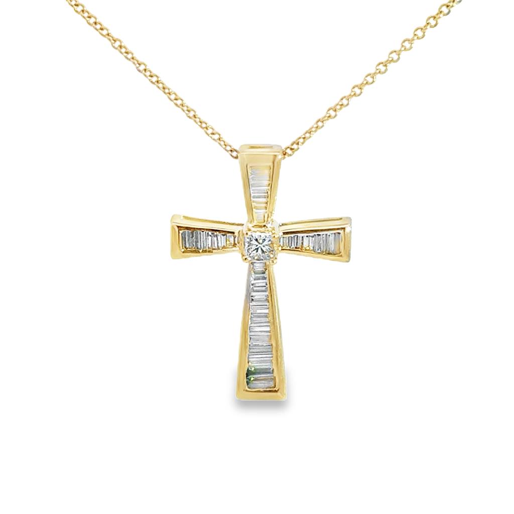 Baguette & Princess Cut Diamond Cross 14K Yellow Gold Pendant Necklace