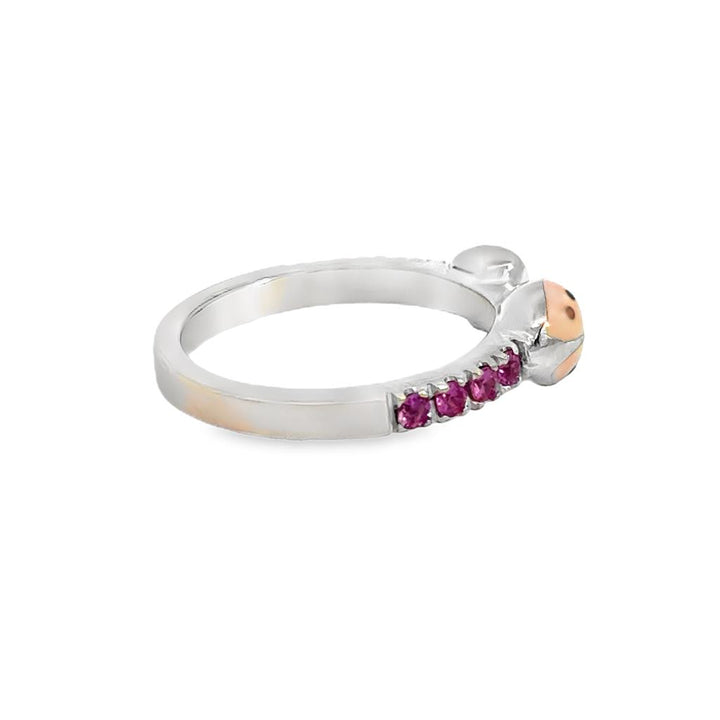 0.06 CTW Diamond Heart & Enamel Ladybug Ring in 18K White Gold with Pink Sapphires