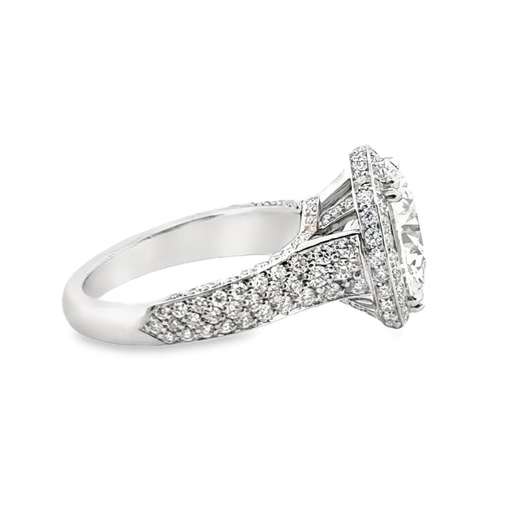 Platinum 3.80 CT Round Brilliant Diamond Engagement Ring with Pavé Halo Setting