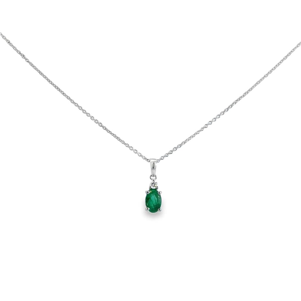 Oval Emerald & 0.04 CT Diamond Pendant Necklace in 14K White Gold