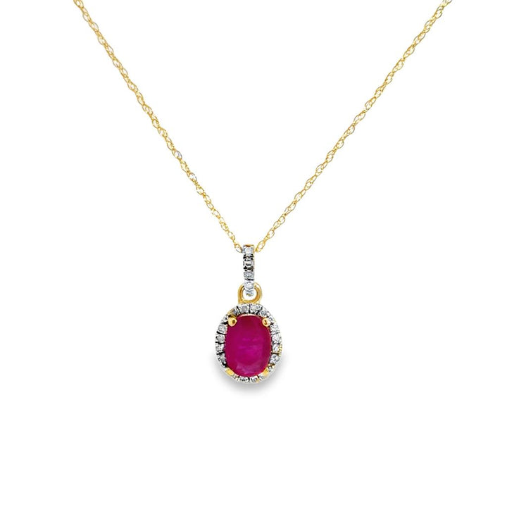 0.10 CTW Diamond & 5x7mm Ruby Halo Pendant Necklace 14K Yellow Gold