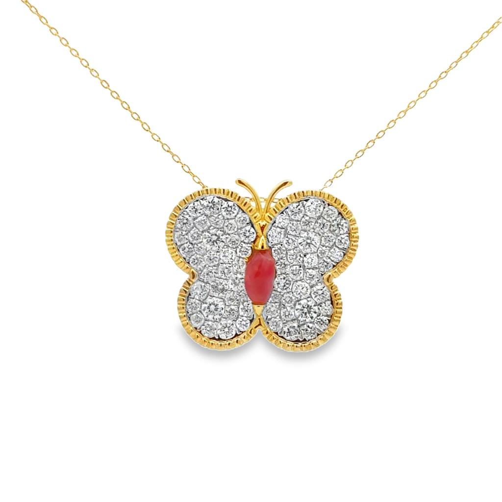 0.84 CTW Diamond Pavé Butterfly & 0.36 CT Pink Conch Pearl 18K Yellow Gold Necklace