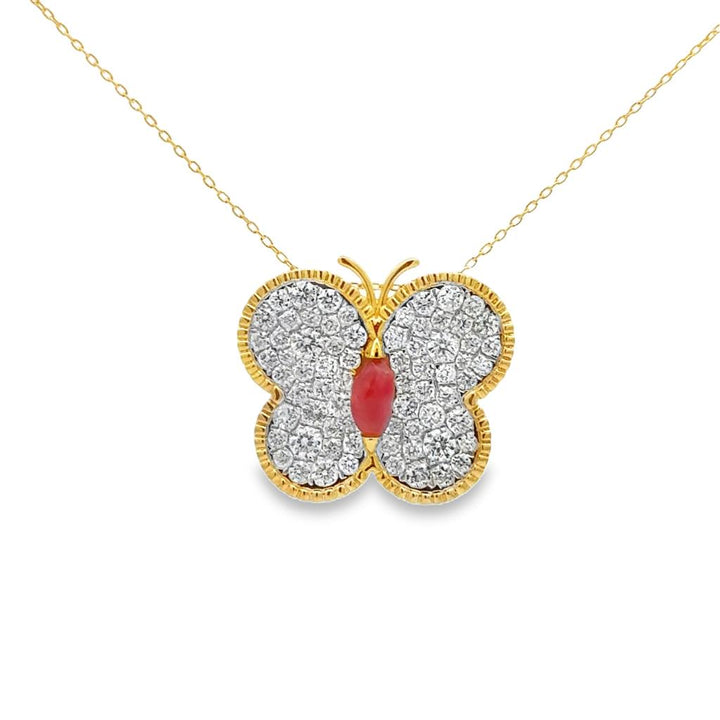 0.84 CTW Diamond Pavé Butterfly & 0.36 CT Pink Conch Pearl 18K Yellow Gold Necklace