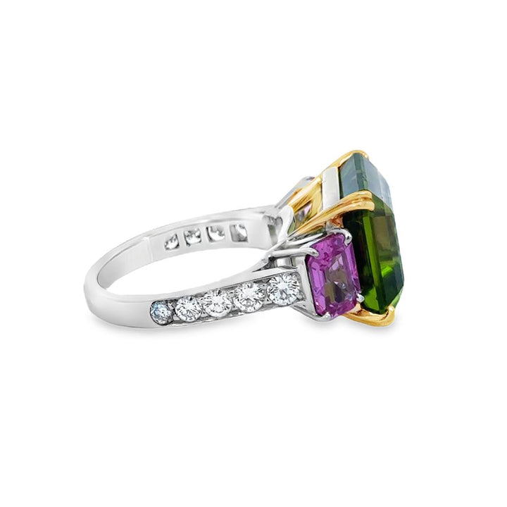 Pre-Owned Platinum and Yellow Gold Peridot, Pink Sapphire & Diamond Ring