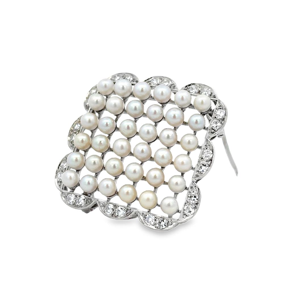 0.72 CTW Diamond and Pearl 14K White Gold Square Brooch Pin
