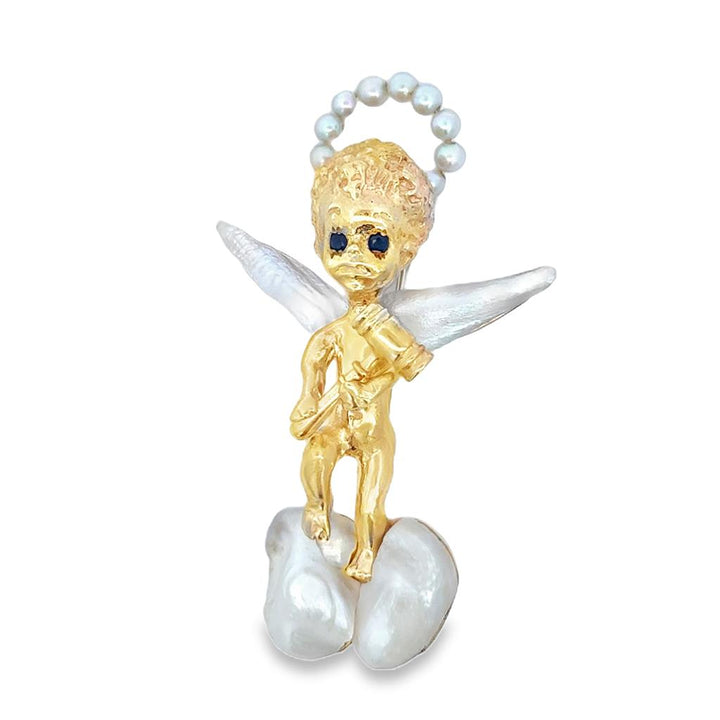 Vintage Angel Brooch Pin with Pearl Halo and Sapphire Eyes in 14K Yellow Gold