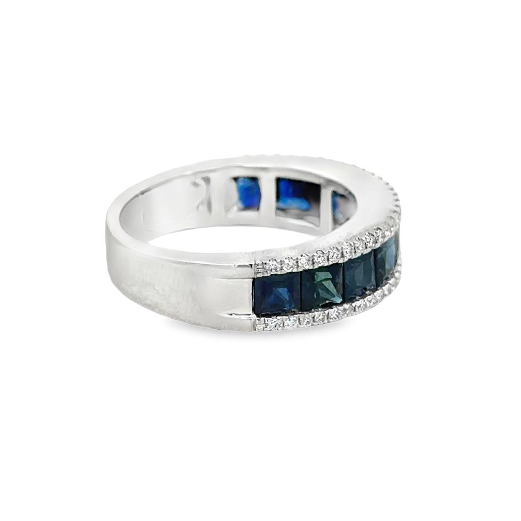 Princess Cut Sapphire & Diamond Wide Band Ring in 14K White Gold