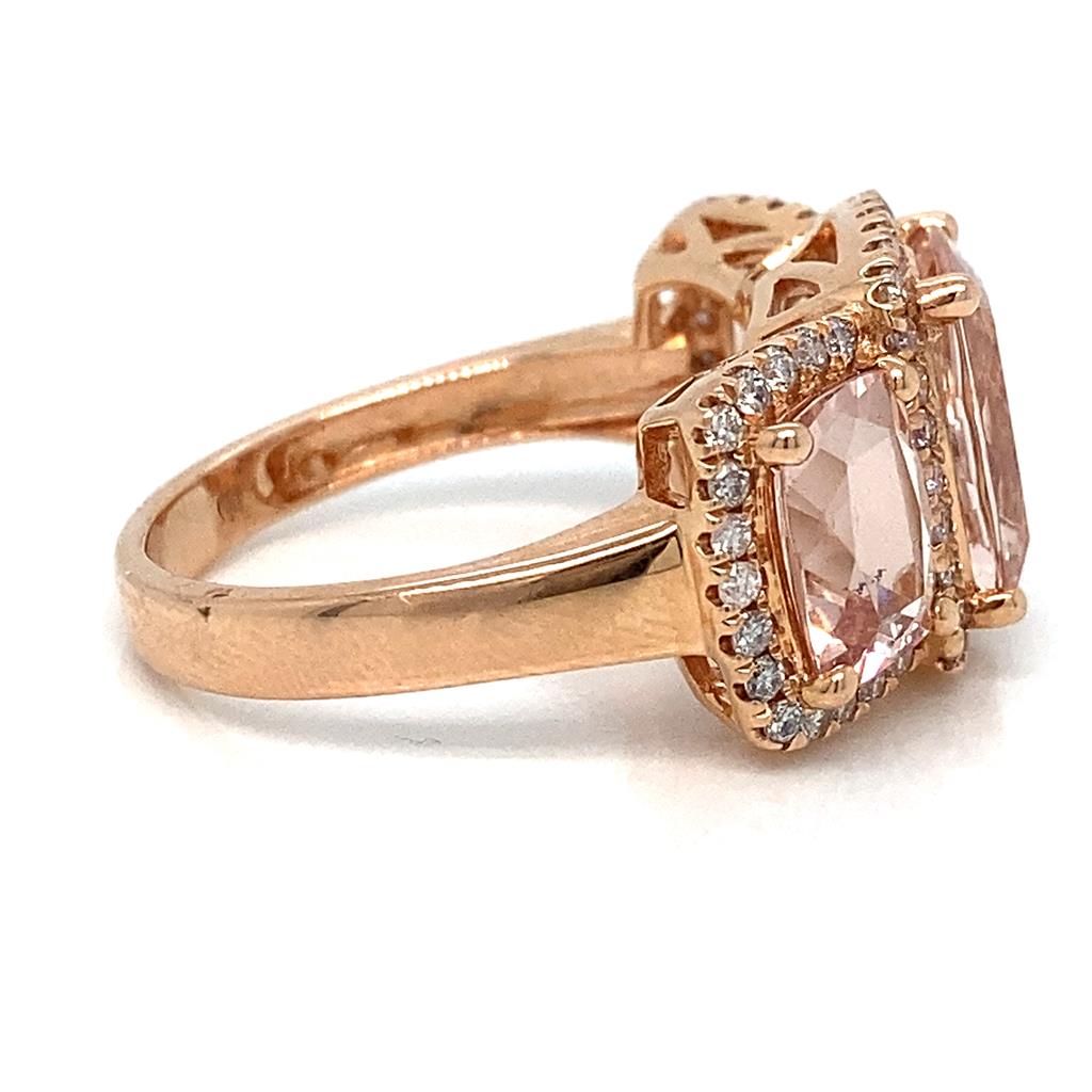 5.47 CTW Morganite Three Stone Diamond Halo Ring