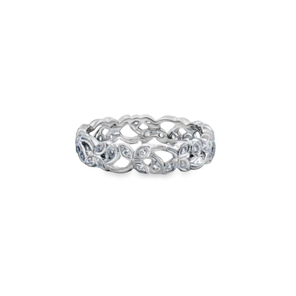 0.20 CTW Diamond Floral Band Ring – 18K White Gold, 4mm Wide