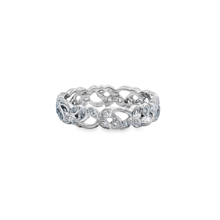 0.20 CTW Diamond Floral Band Ring – 18K White Gold, 4mm Wide