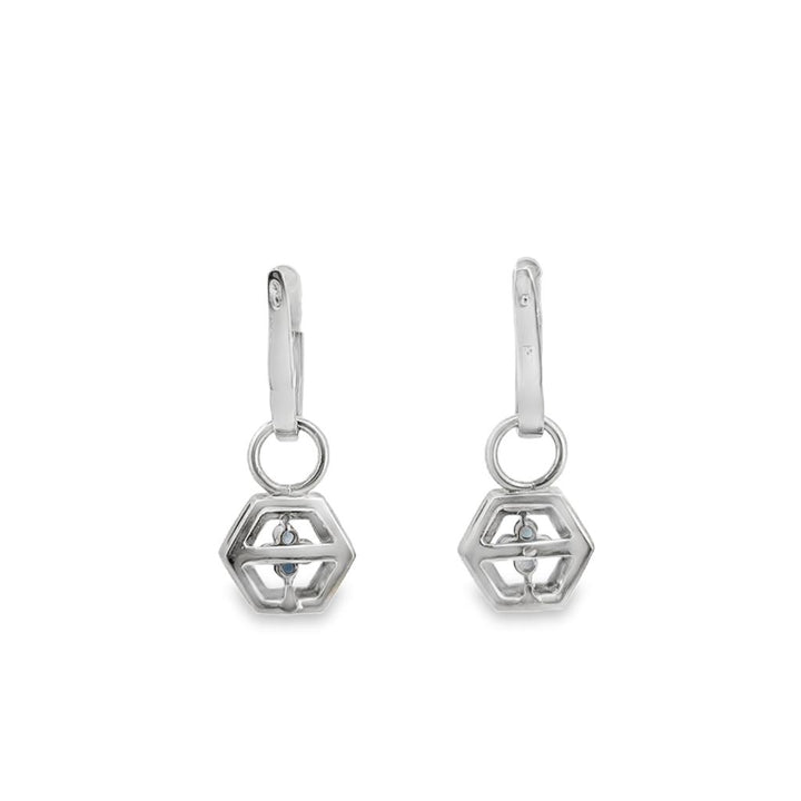 0.25 CTW Diamond & Sapphire Hexagon Drop Earrings in 14K White Gold – 1" Long, Convertible Hoops