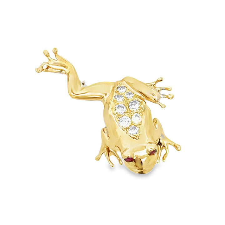 0.24 CTW Diamond Frog Brooch Pin with Ruby Eyes in 14K Yellow Gold