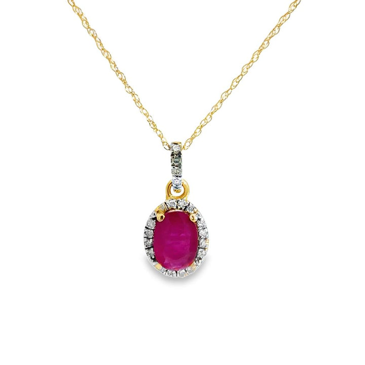 0.10 CTW Diamond & 5x7mm Ruby Halo Pendant Necklace 14K Yellow Gold