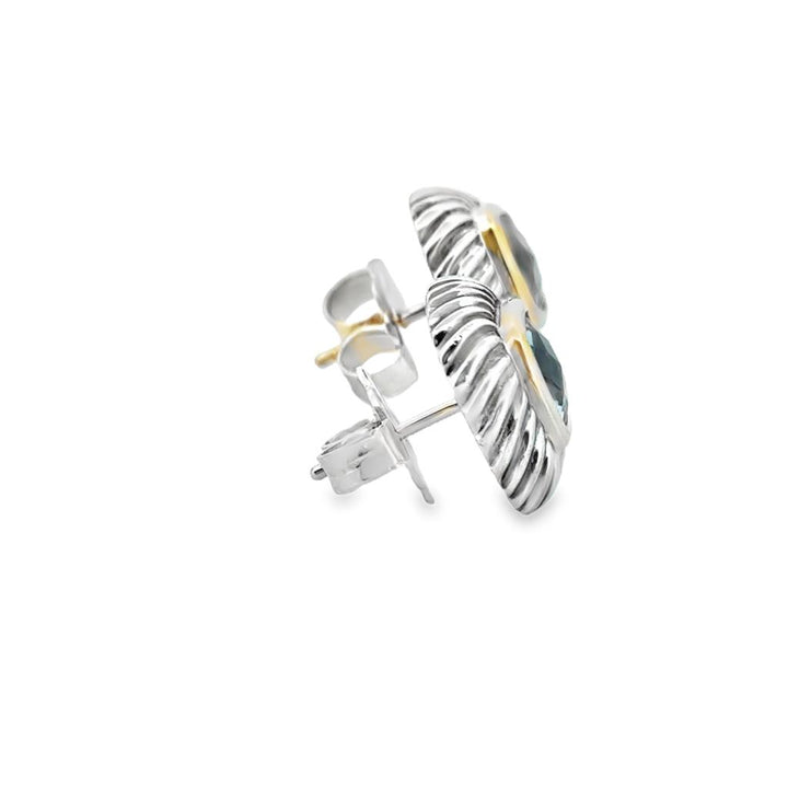 David Yurman Albion Blue Topaz Earrings – Sterling Silver & 14K Yellow Gold, 14mm Wide