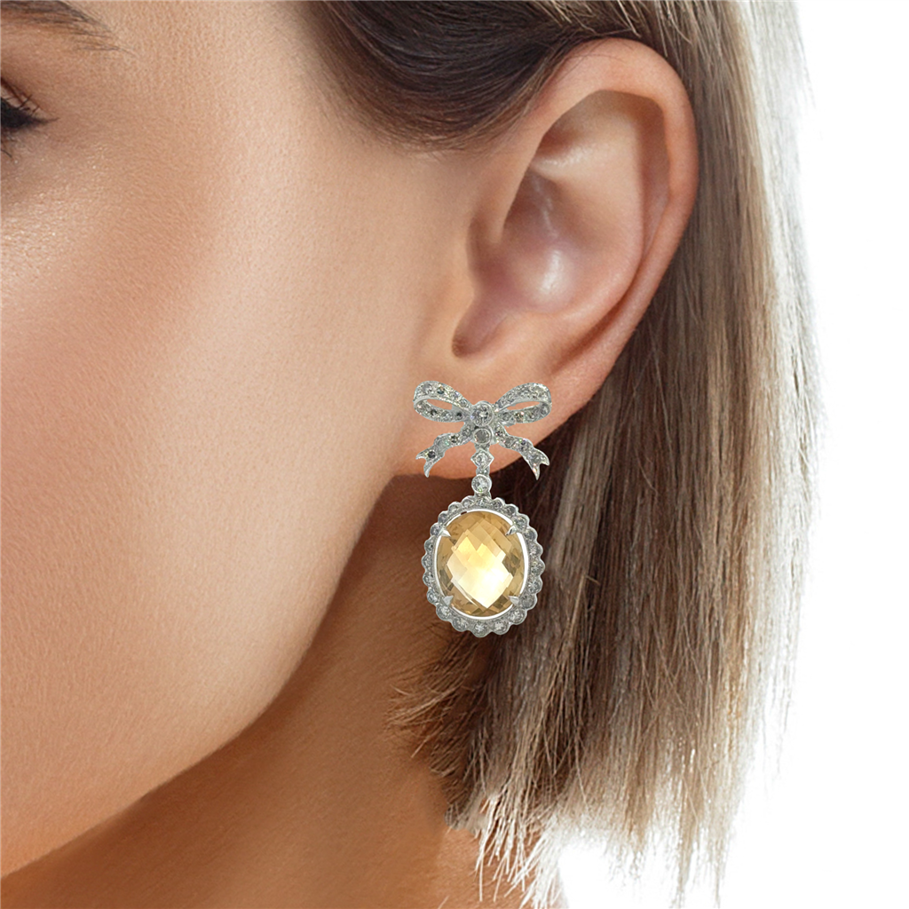 1.75ctw Diamond & Large Citrine Bow Drop Earrings – 18k White Gold