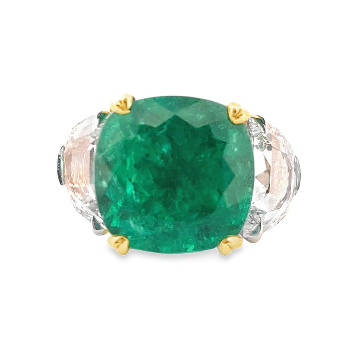 11.60 CT Cushion Cut Emerald Ring with 1.11 CTW Half Moon Diamonds in Two-Tone 18K Gold
