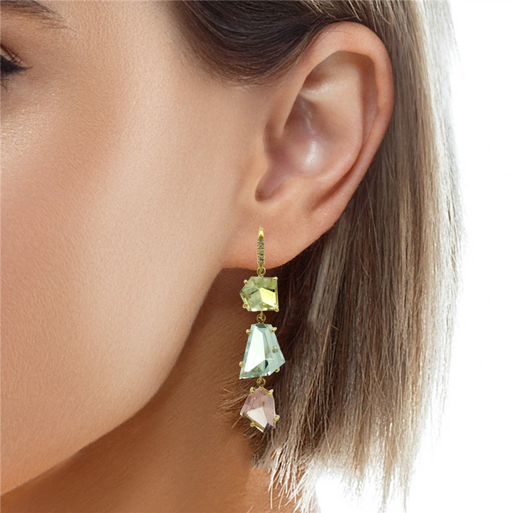 Green Beryl, Aquamarine, Kunzite & Diamond 14K Yellow Gold Abstract Dangle Earrings