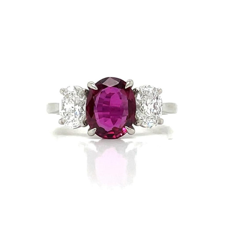 2.02ct Oval Unheated Ruby ring with 1ctw side Oval Diamonds set in platinum