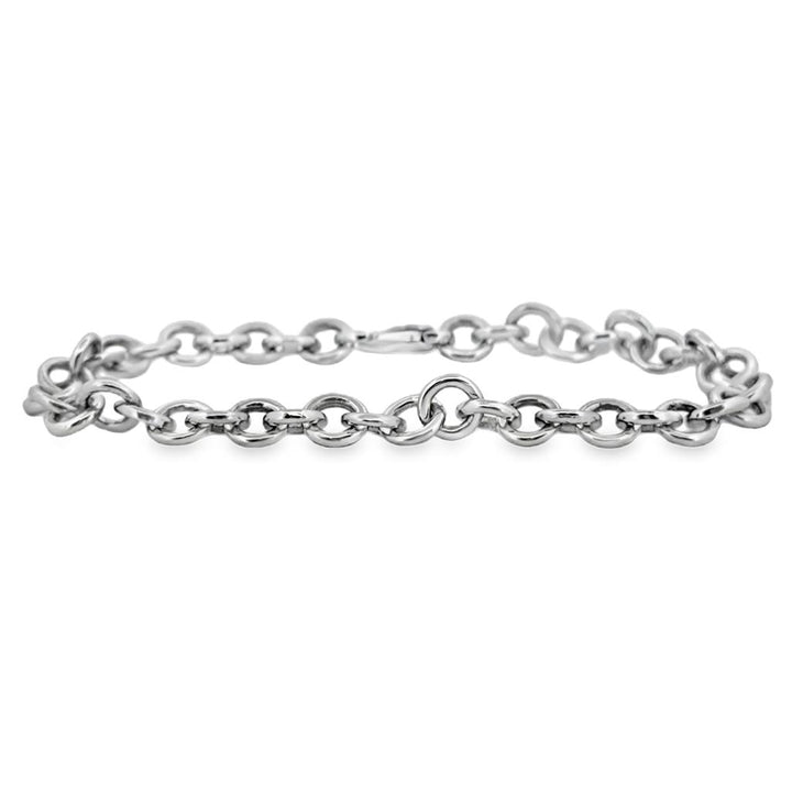 14K White Gold Round Link Charm Bracelet, 7" Long, 6.5mm Wide
