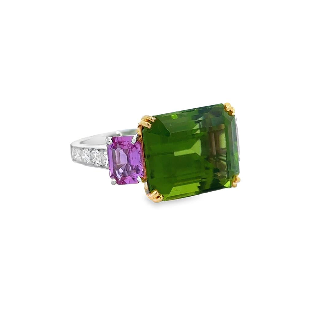 Pre-Owned Platinum and Yellow Gold Peridot, Pink Sapphire & Diamond Ring