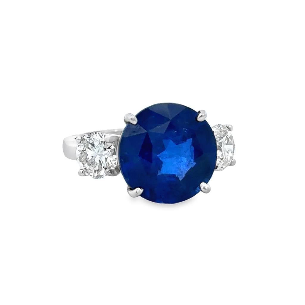 9.84 CT Round Sapphire & 1.85 CTW Diamond Platinum 3 Stone Anniversary Ring - GIA
