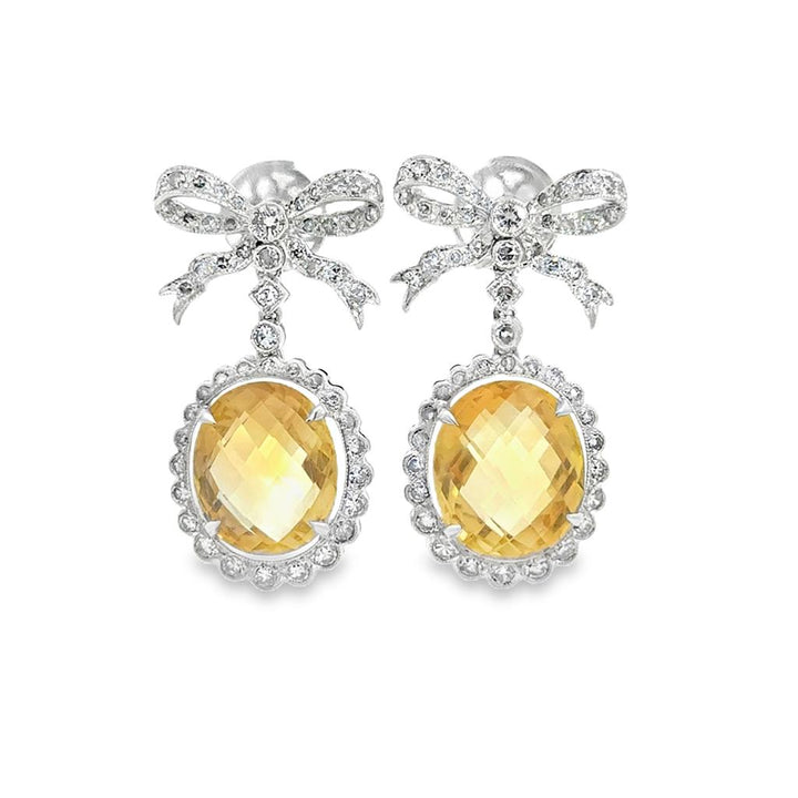 1.75ctw Diamond & Large Citrine Bow Drop Earrings – 18k White Gold