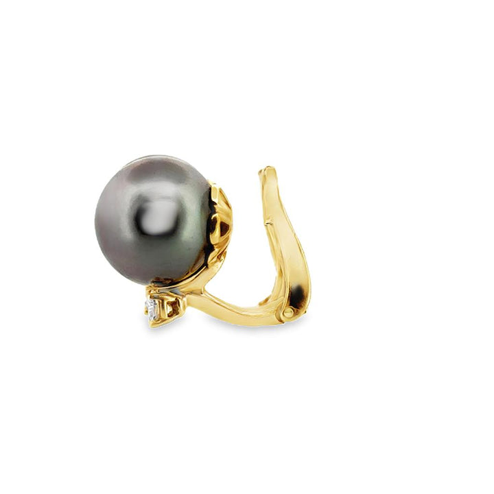 Assael 0.26 CTW Diamond and 11.8mm Tahitian Pearl 18K Yellow Gold Earrings