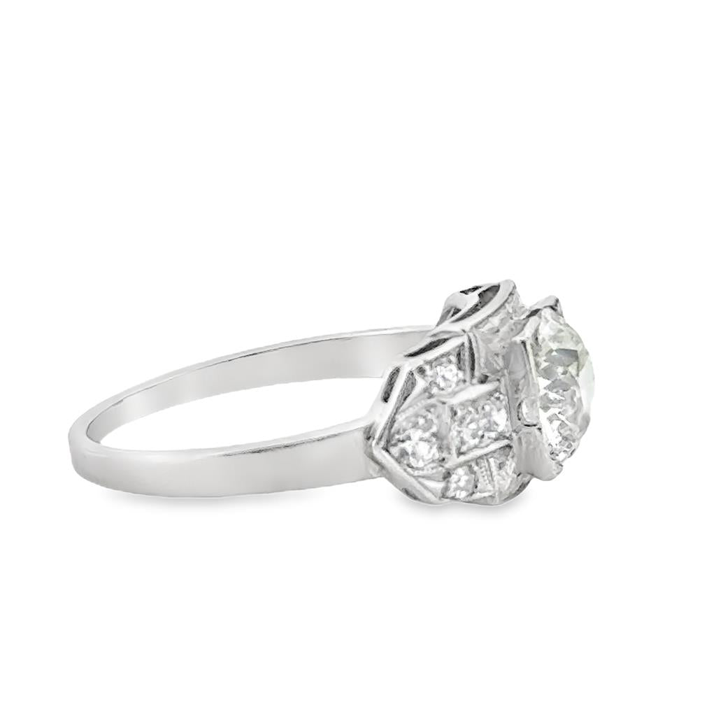 0.91 CT Old European L VS2 Diamond 0.20 CTW Round Diamonds Platinum Engagement Ring