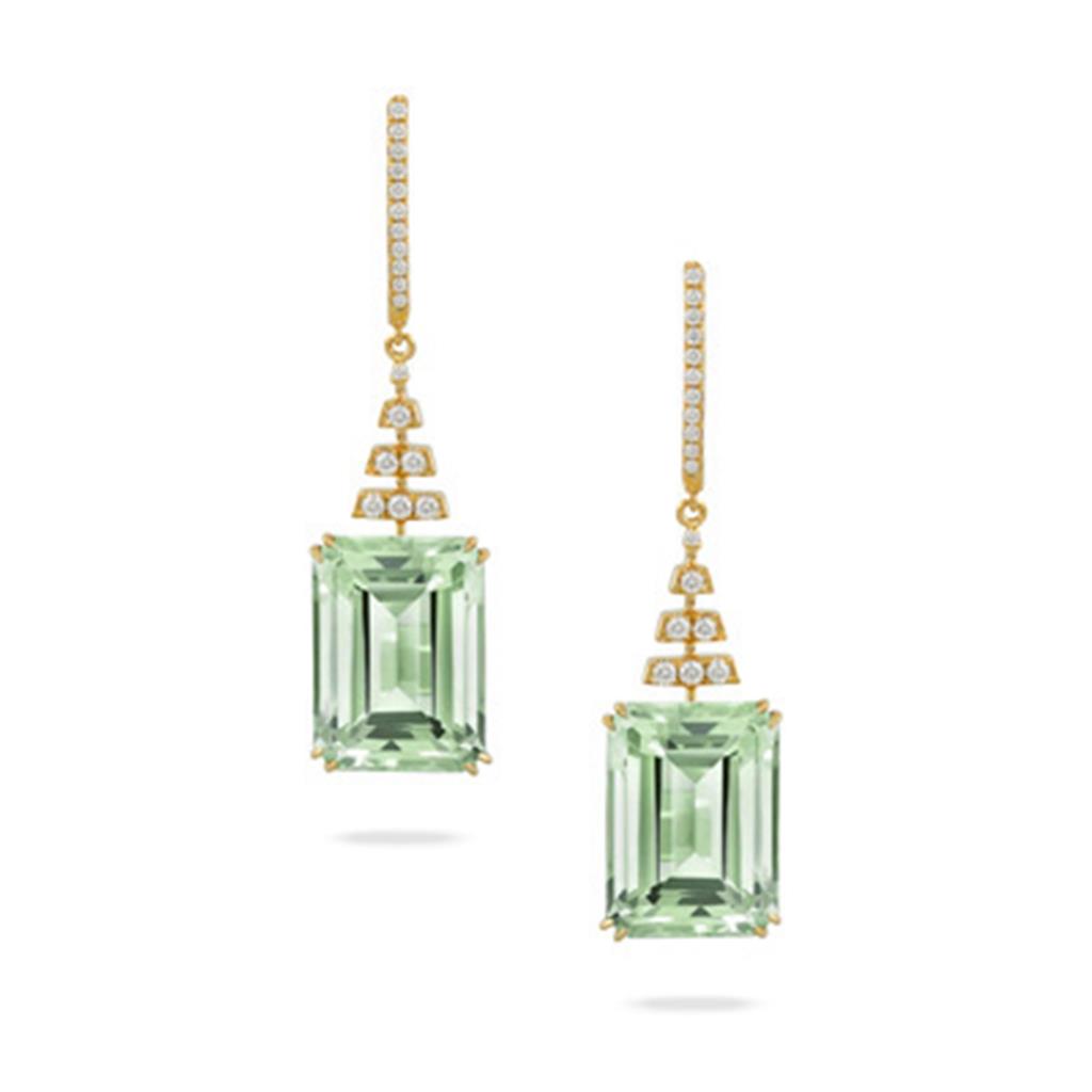 Doves Bezel Set 14.64 CT Green Amethyst & 0.28 CT Diamond 18K Yellow Gold Earrings