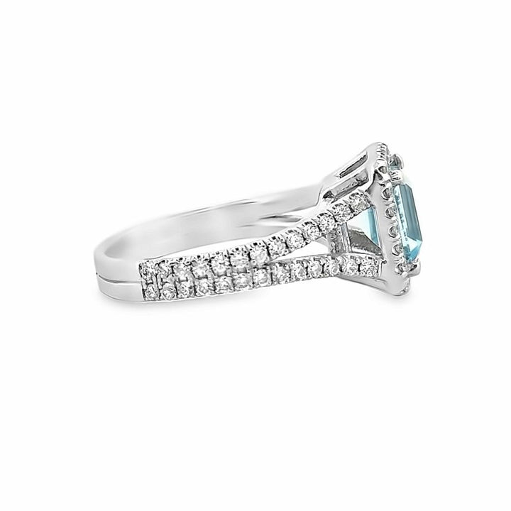 2.02 CT Blue Topaz and 0.75 CT Diamond Halo Split Shank Ring