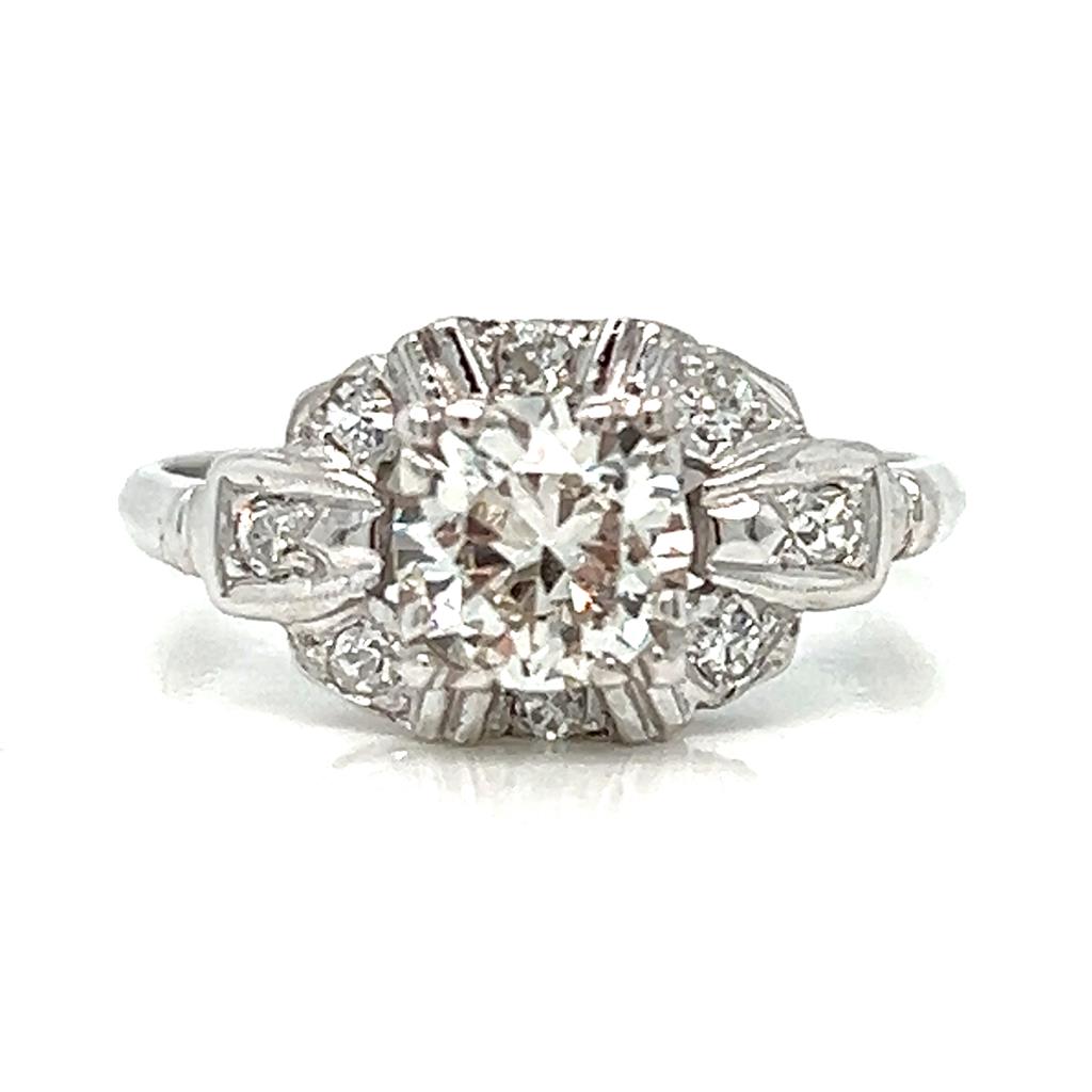 Art Deco 0.77 CT Old European Cut Diamond 18K White Gold Engagement Ring