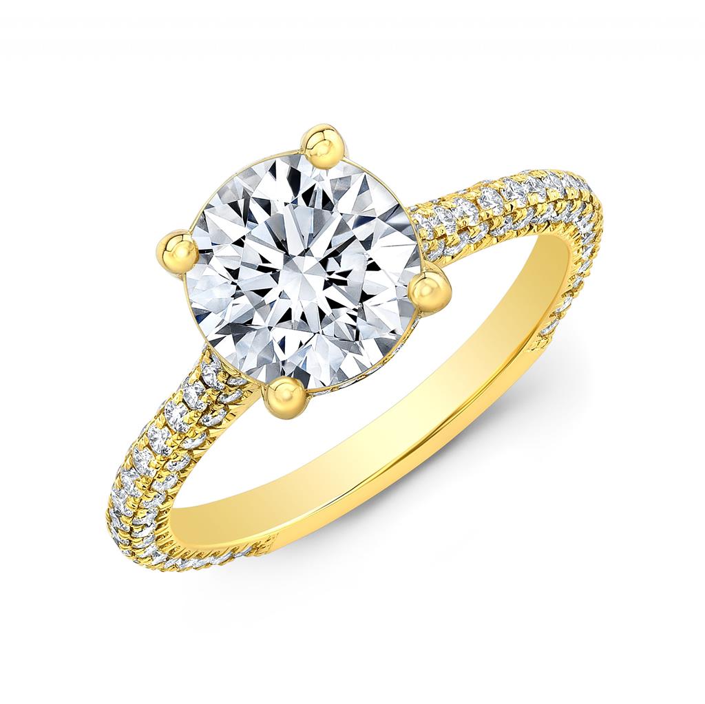 Hidden Halo Semi-Mount Diamond 18K Yellow Gold 3-Sided Shank Pave Engagement Ring