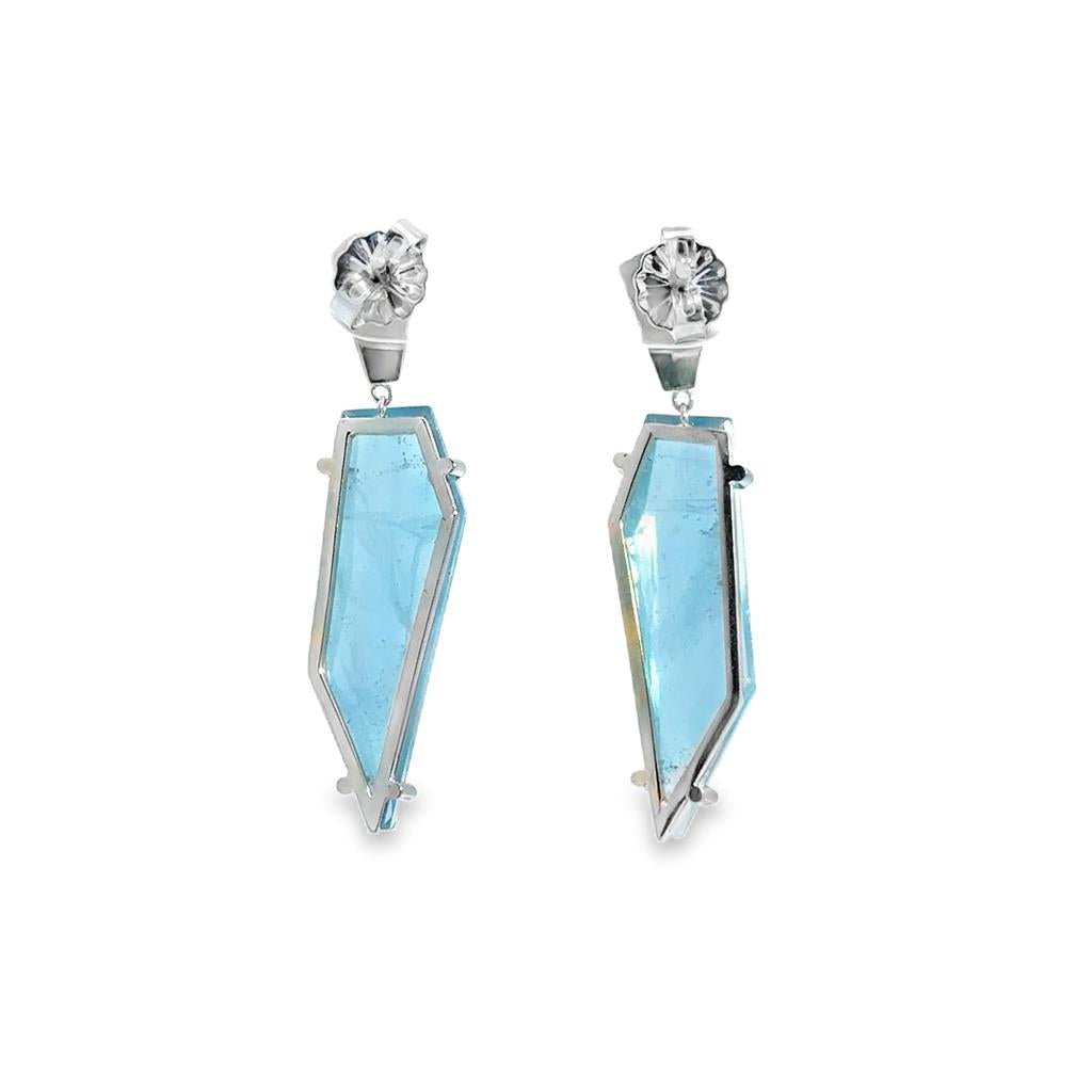 14K White Gold Aquamarine & Diamond Geometric Drop Earrings – 1.25" Long