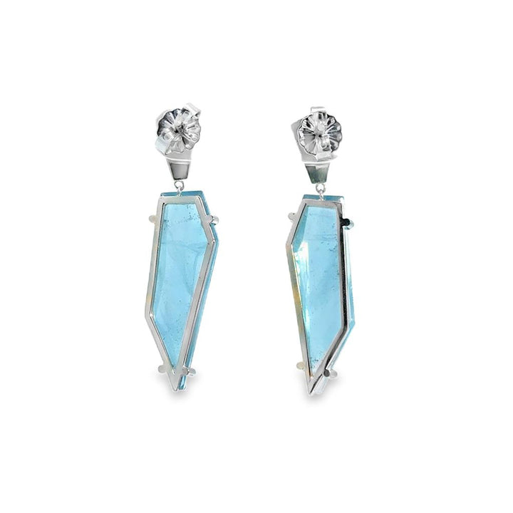 14K White Gold Aquamarine & Diamond Geometric Drop Earrings – 1.25" Long