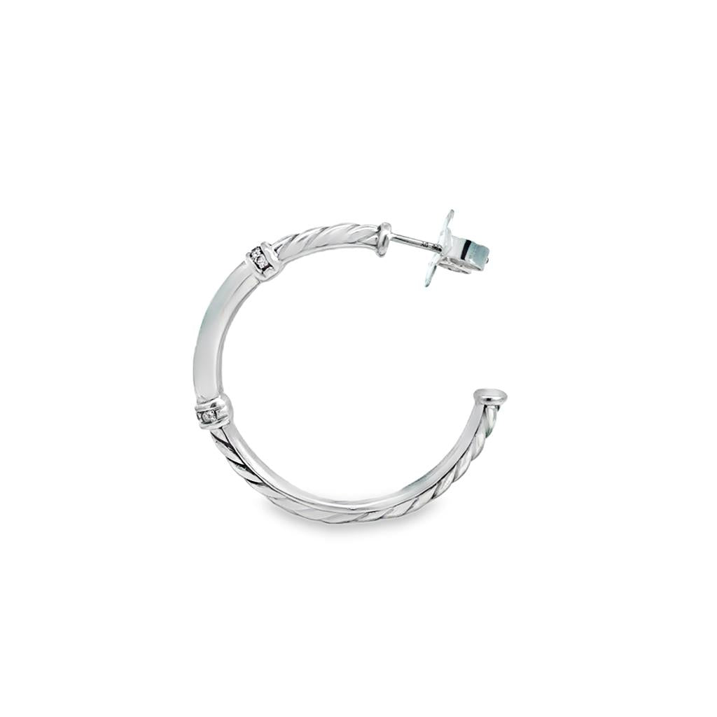 Pre-Owned David Yurman 0.08 CTW Diamond Sterling Silver Hoop Earrings – 1 1/4"