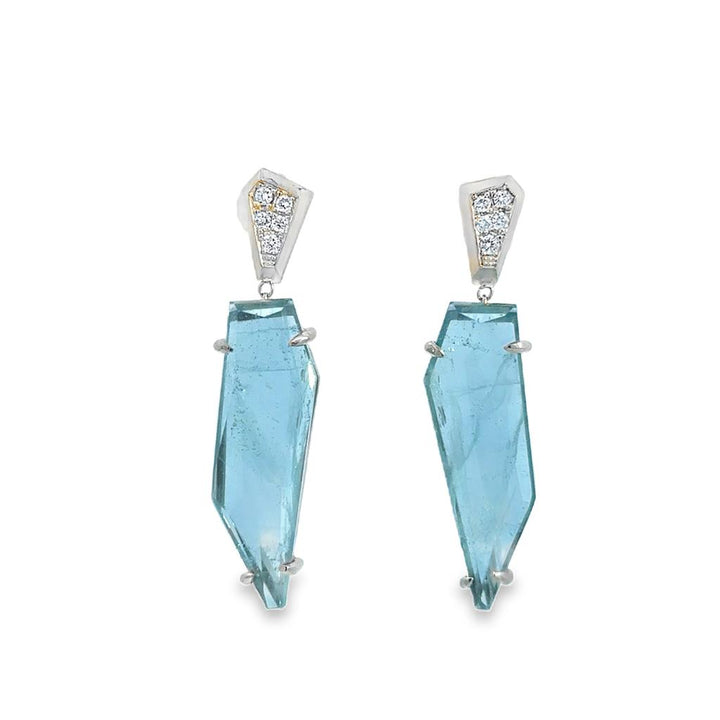 14K White Gold Aquamarine & Diamond Geometric Drop Earrings – 1.25" Long