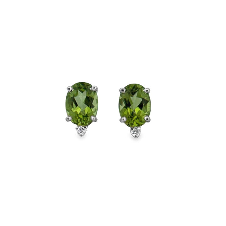 Diamond & Peridot Oval Stud Earrings, 14K White Gold