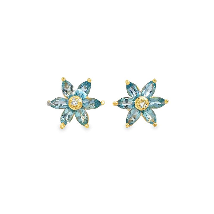Blue Topaz & Diamond Flower Stud Earrings – 14K Yellow Gold