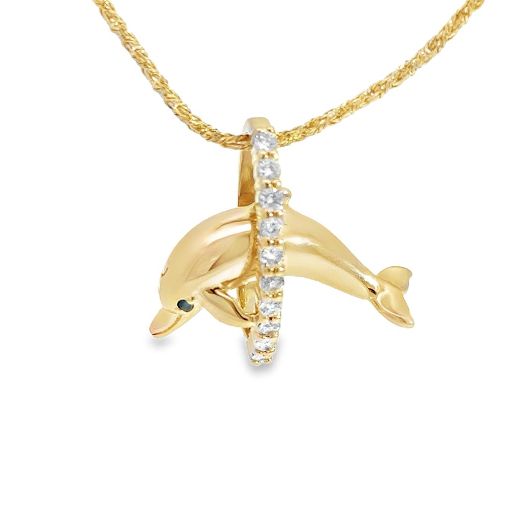 0.20 CTW Diamond Dolphin 14K Yellow Gold Pendant Necklace