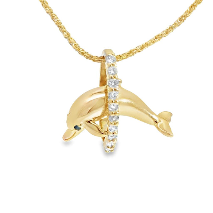 0.20 CTW Diamond Dolphin 14K Yellow Gold Pendant Necklace
